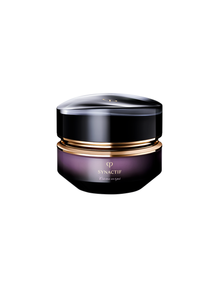 Photo of a jar of SYNACTIF body cream featuring a deep violet gradient glass body with a rounded, glossy black cap and gold accents. SIZE: 195ml