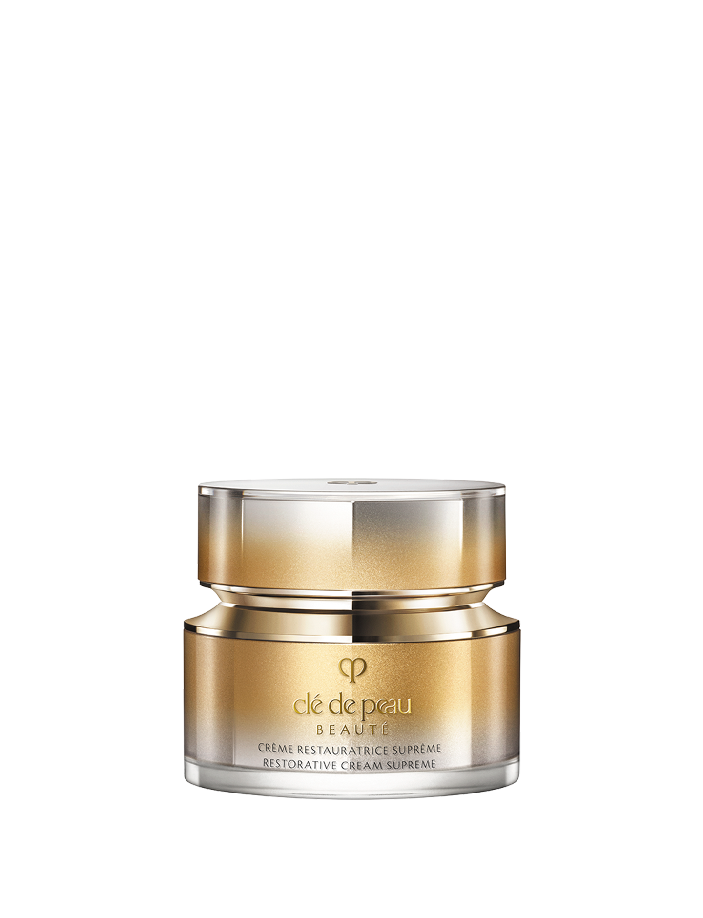 Photo of of a jar of RESTORATIVE CREAM SUPREME
						featuring a metallic gold-to-silver gradient body and a multifaceted
						metallic gold cap. SIZE: 50mL