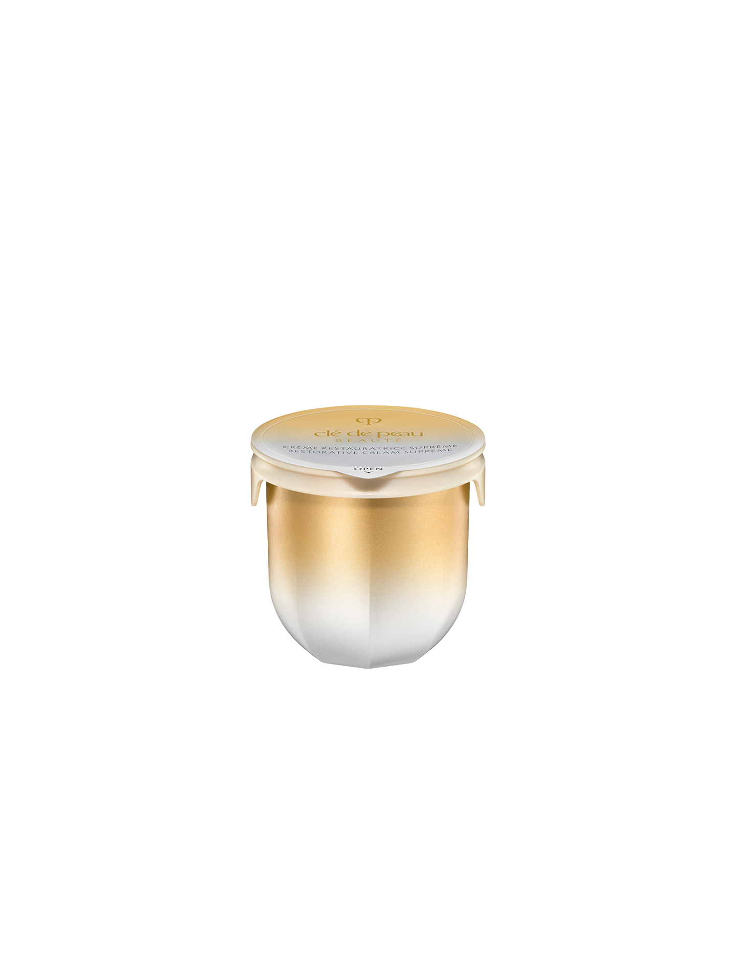 Photo of the 50ml refill for RESTORATIVE CREAM
						SUPREME. The refill capsule features a gold-to-white gradient design with a
						sealed gold lid, designed to fit perfectly into the original jar.