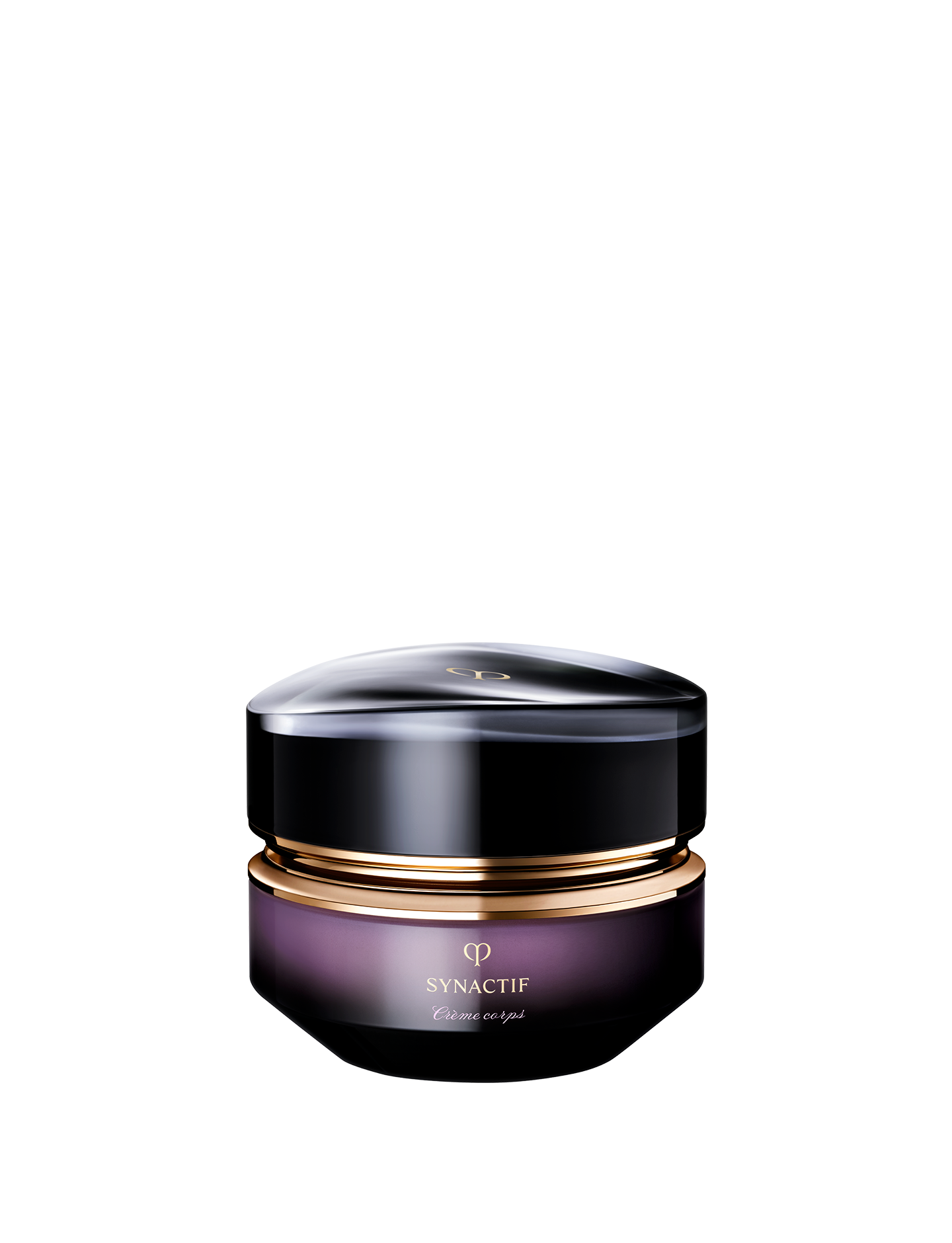 Photo of a jar of SYNACTIF body cream featuring a deep violet gradient glass body with a rounded, glossy black cap and gold accents. SIZE: 195ml