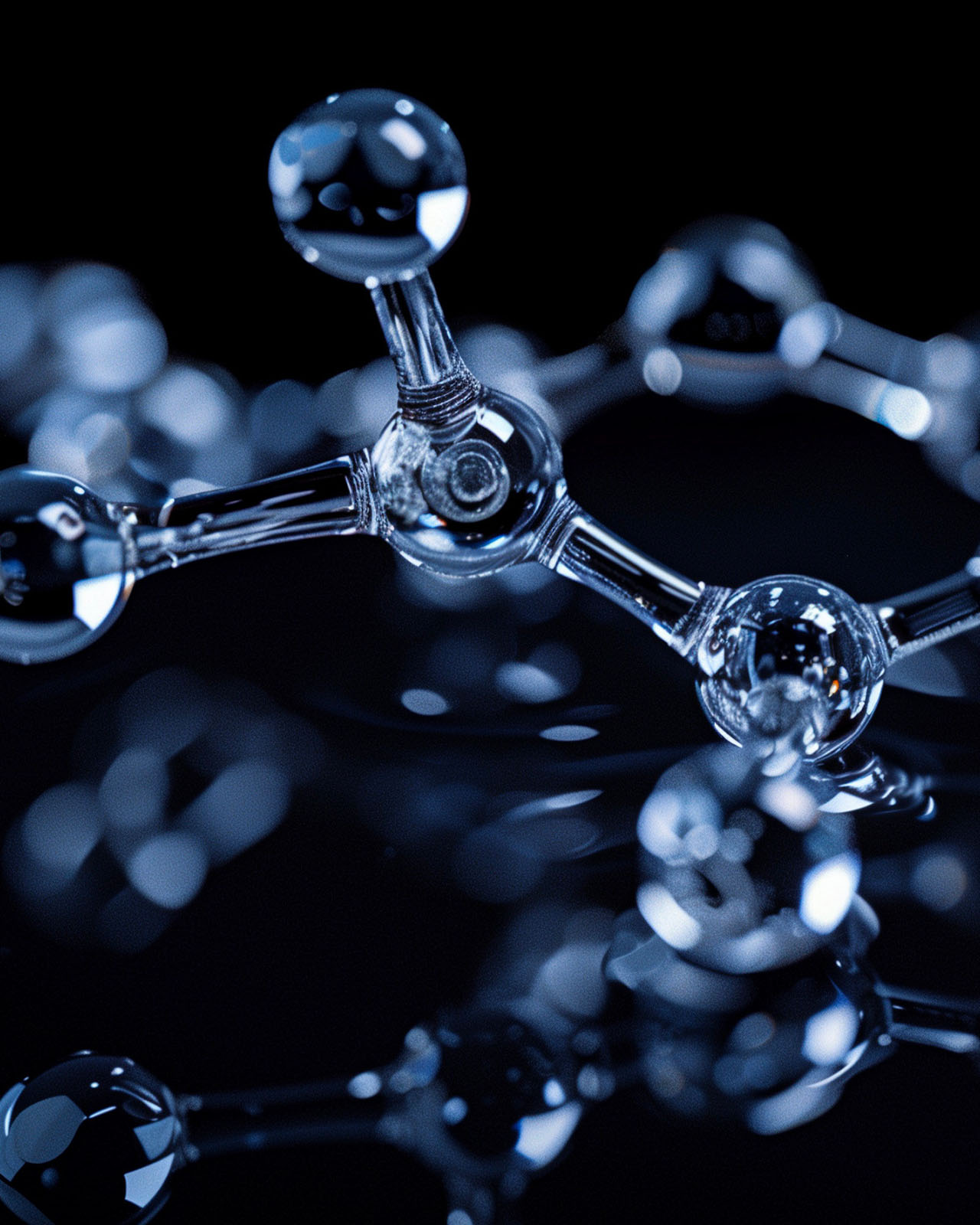Photo of a crystal-clear, blue-tinted molecular structure with a glossy finish. This image demonstrates the Purifying Beautifier ingredient, set against a dark, reflective background.